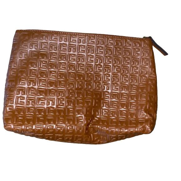 Tommy Hilfiger Faux Leather TH Embossed Brown Gold Accent Zipped Pouch Bag 13"x8 - Picture 4 of 12